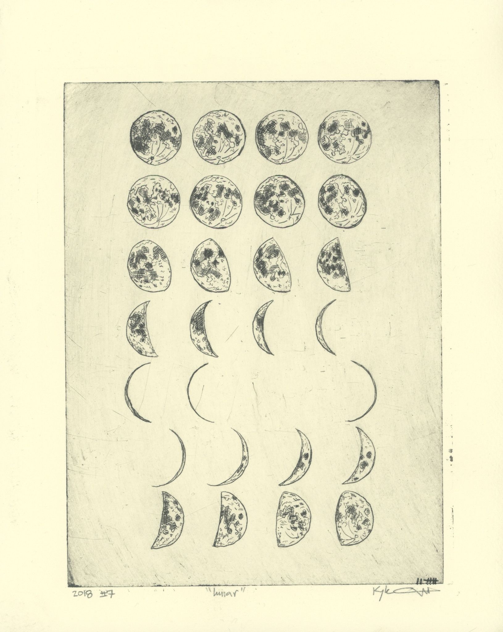 Drypoint intaglio print depicting the phases of the moon arranged in a grid of seven rows, progressing from full moons with crosshatched craters at top through half moons, crescents, and thin slivers, rendered in black ink on cream paper.