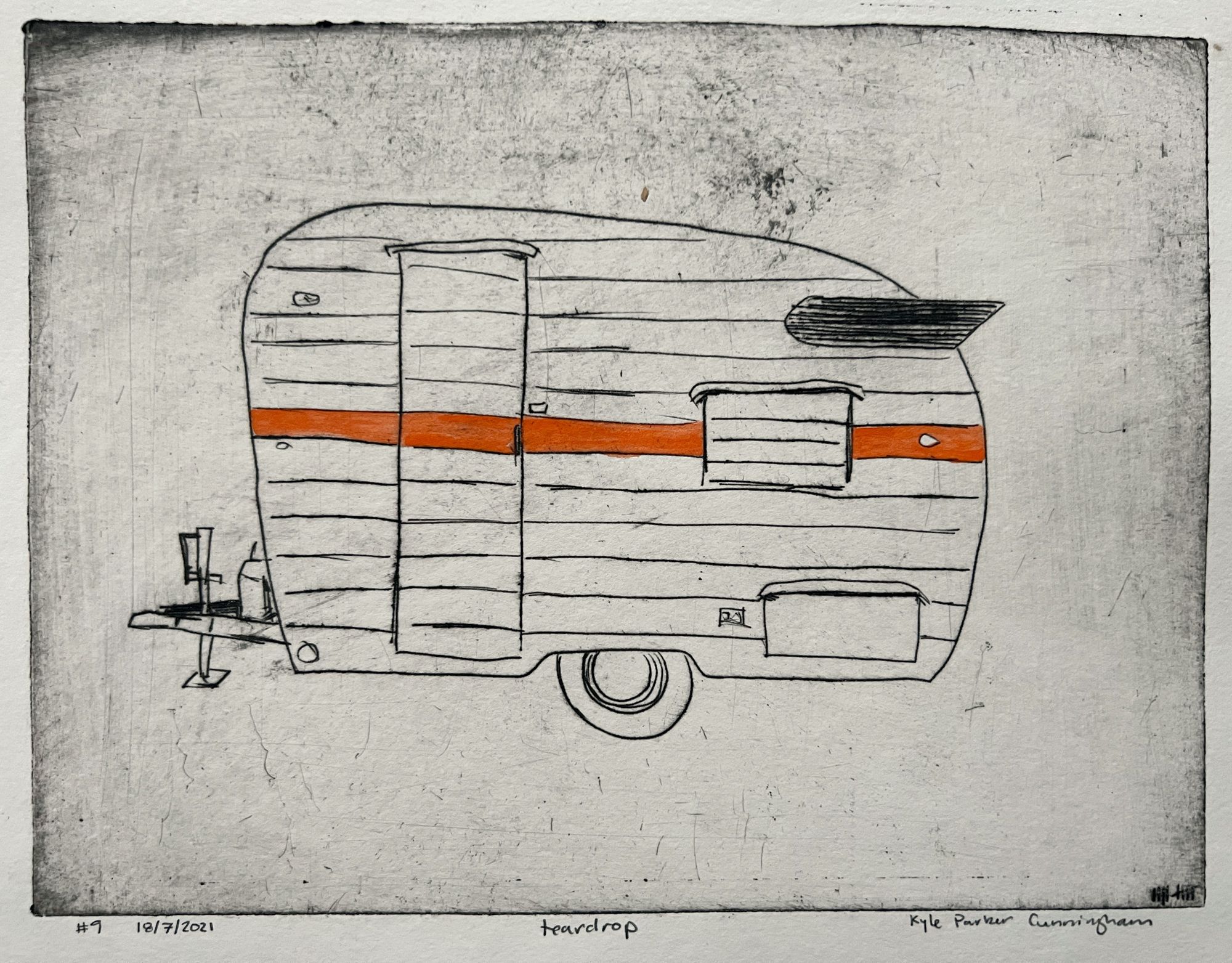 Close-up view of the same teardrop camper print, showing the expressive drypoint scratches in the black ink lines and the hand-painted orange-red watercolor stripe detail against the textured cream paper.
