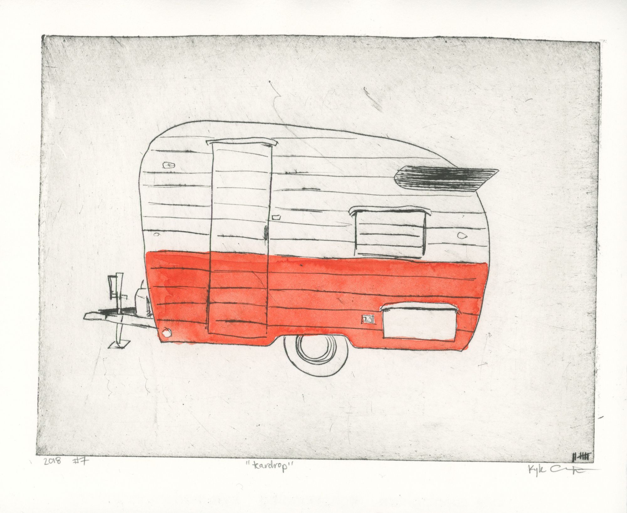 Variant print of the teardrop camper with the entire lower half painted in vivid red-orange watercolor, contrasting with the black drypoint linework of the upper siding, door, and window on cream paper.