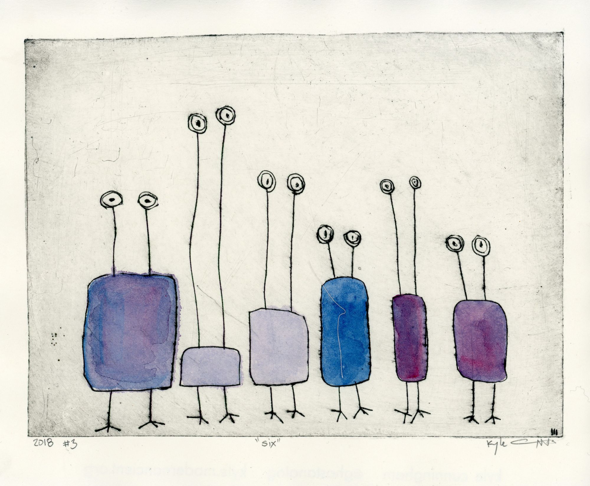 Drypoint intaglio print of six whimsical rectangular creatures standing in a row, each with thin stick legs, bird-like feet, and long stalked eyes, hand-colored in watercolor washes of purple, lavender, blue, and magenta on cream paper.