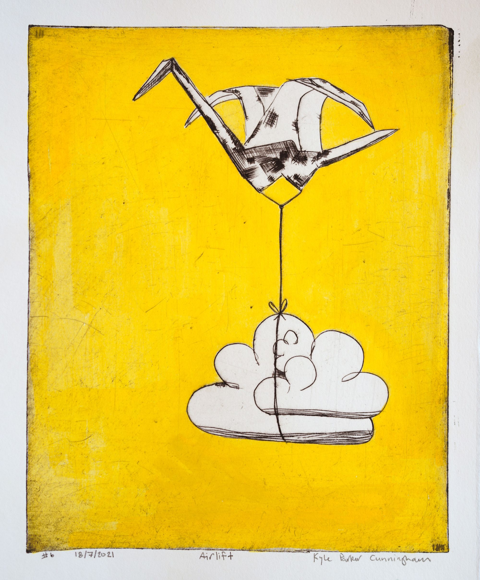 Vibrant yellow variant of the Airlift print with the origami crane carrying a white cloud, the bold hand-painted yellow gouache background contrasting with the black drypoint linework.