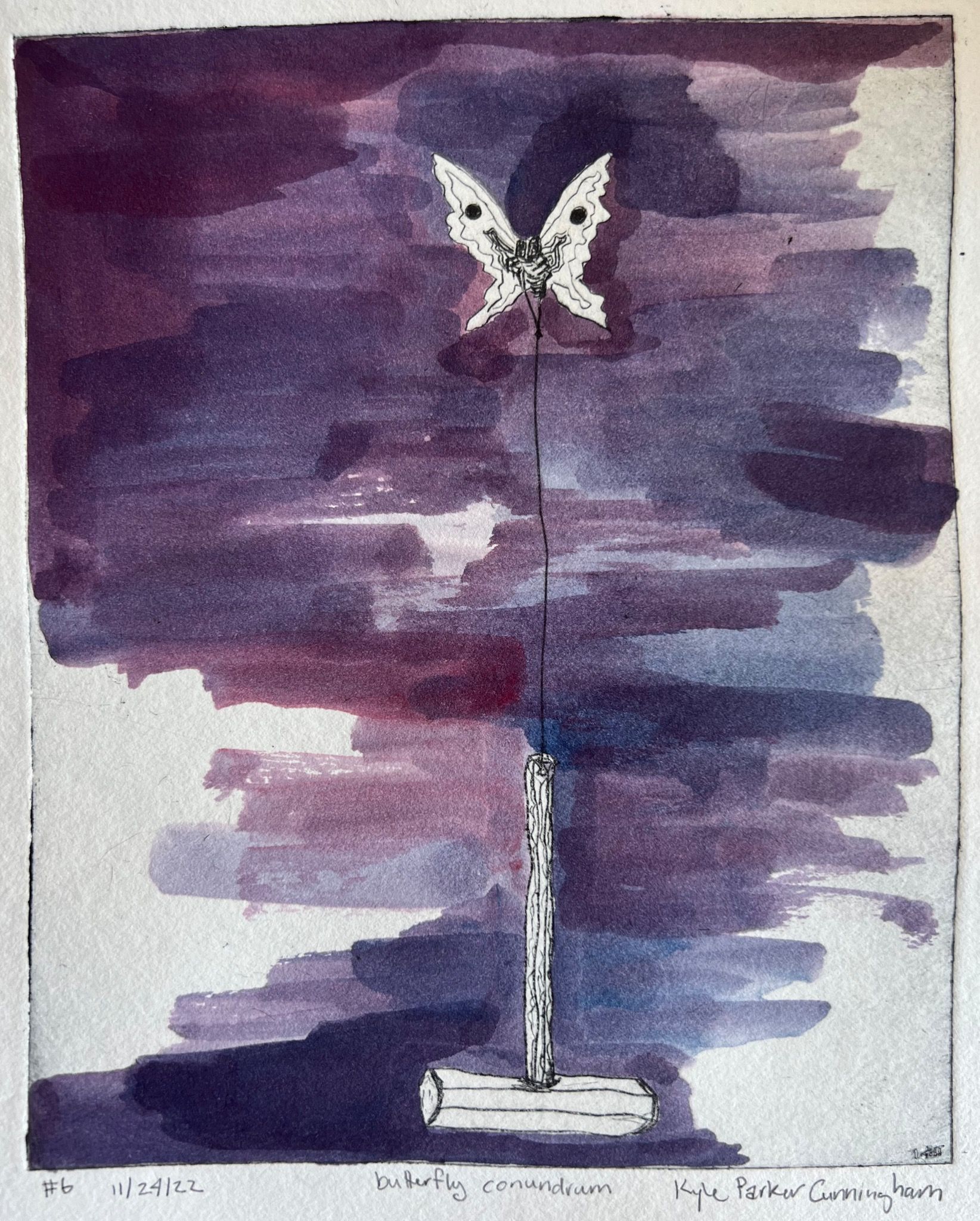 Alternate color variant of Butterfly Conundrum with a white butterfly against a dramatic wash of deep purple and violet watercolor, the hammer rendered in pale outline, creating a moody nocturnal atmosphere.