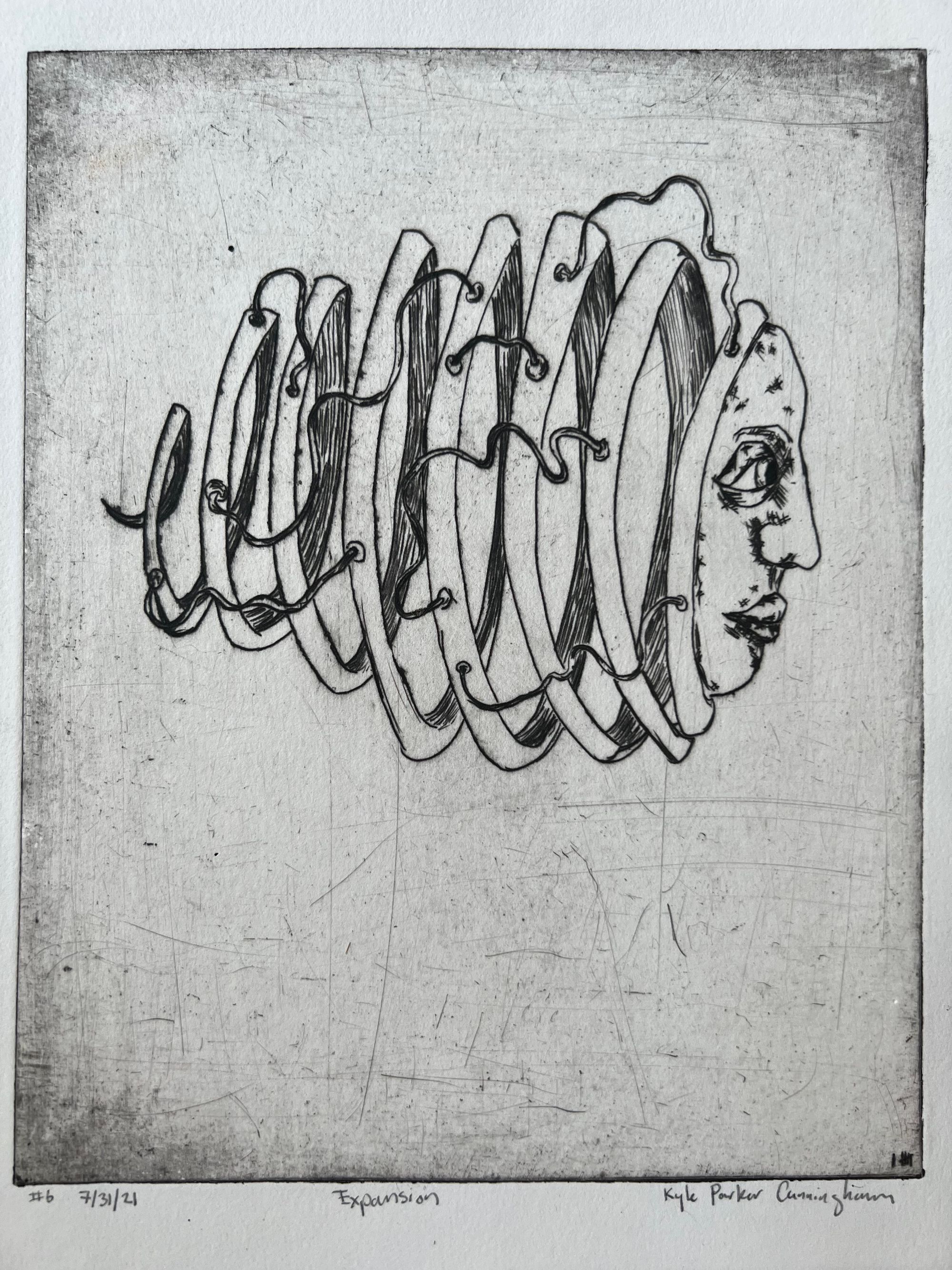 Drypoint intaglio print of a surreal human face in profile with the head sliced into layered, spiraling accordion-like segments that expand outward to the left, rendered in black ink with expressive scratchy lines on pale paper.