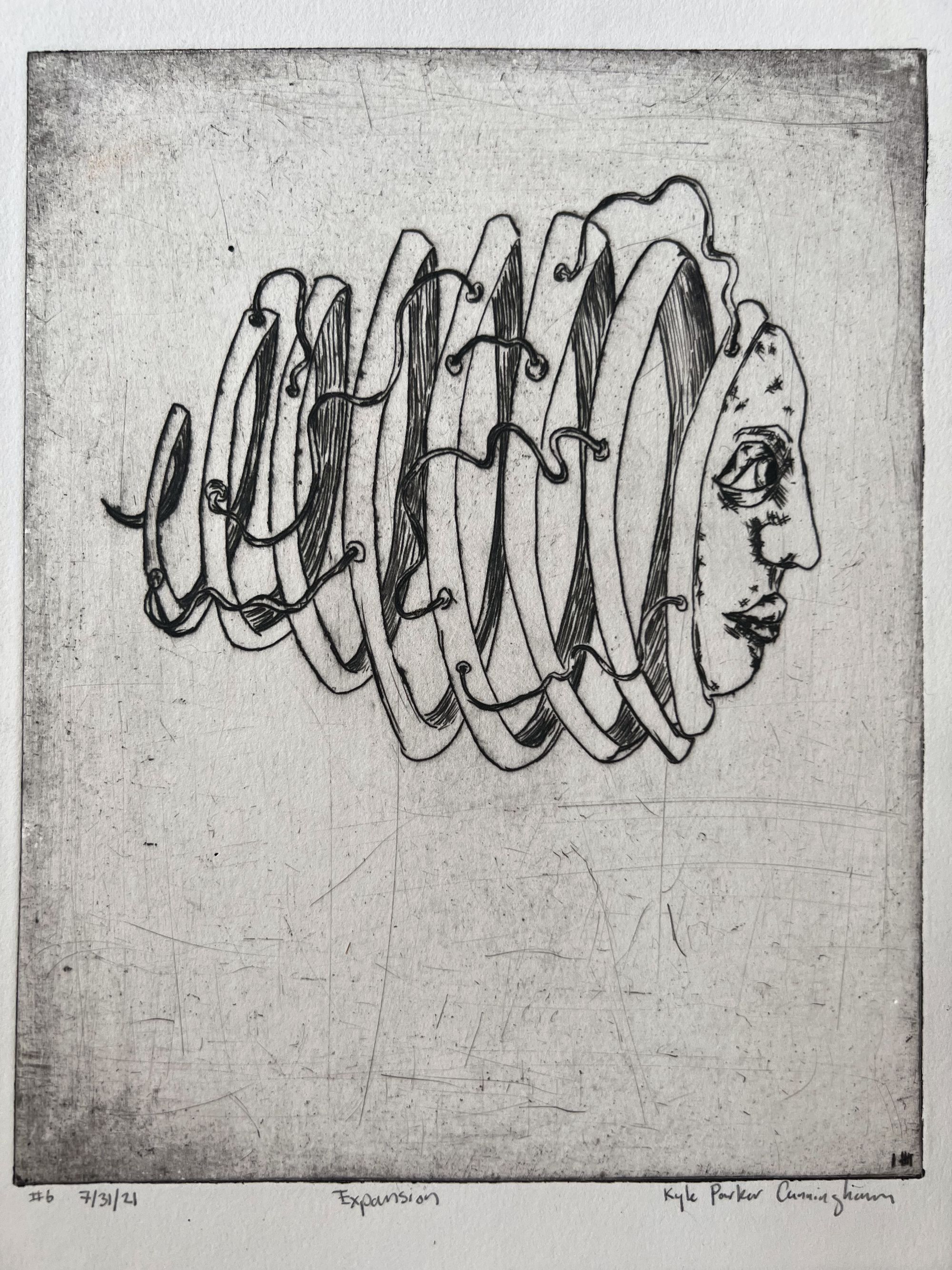 Full view of the Expansion drypoint print showing the complete surreal sliced head composition floating in the upper portion of the plate, with visible plate tone, scratches, and the artist's handwritten title and signature below.