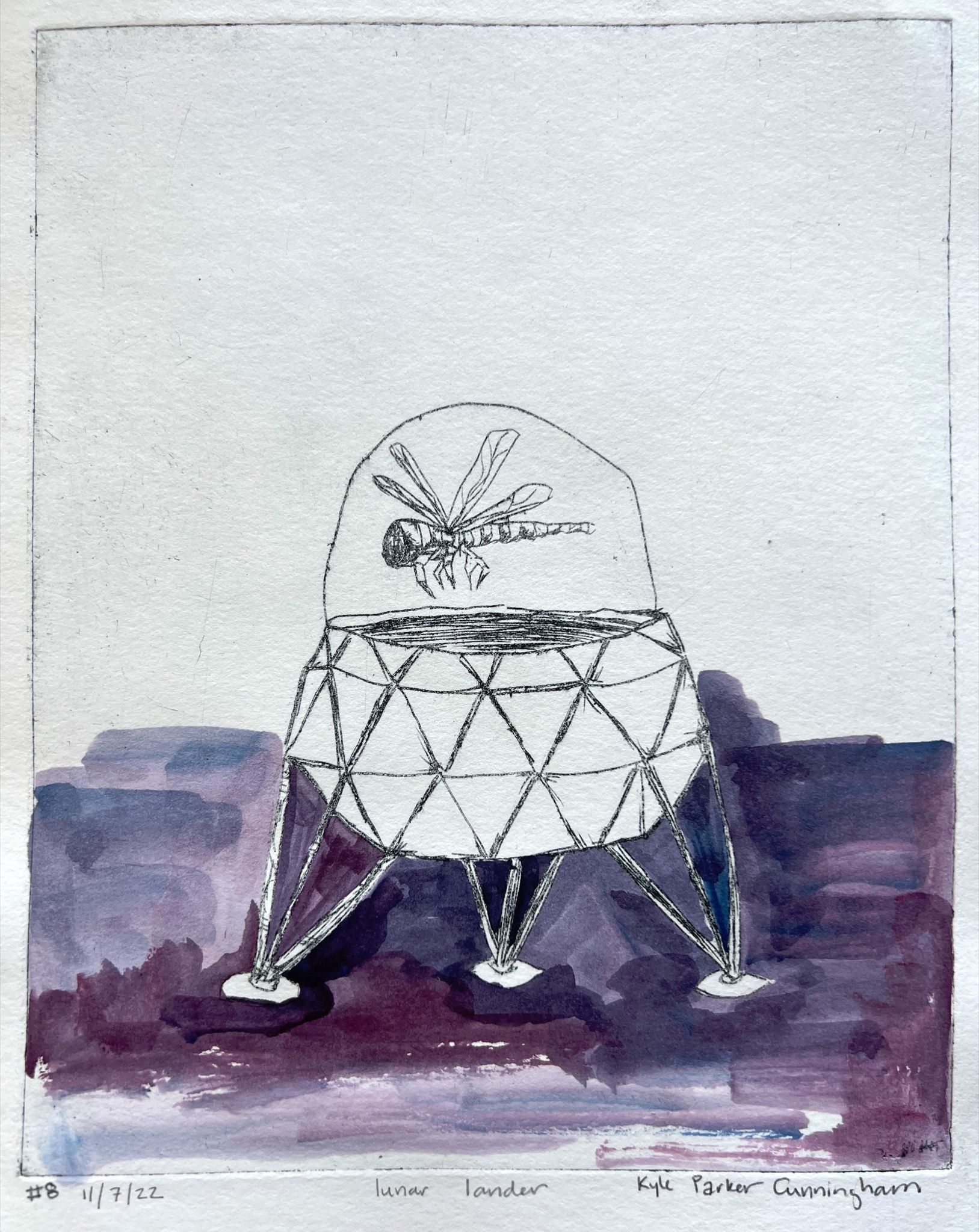 Alternate print of the Lunar Lander with the geodesic module and dragonfly centered against a clean white background, surrounded by a purple and blue watercolor landscape along the lower half, with softer, more delicate linework.