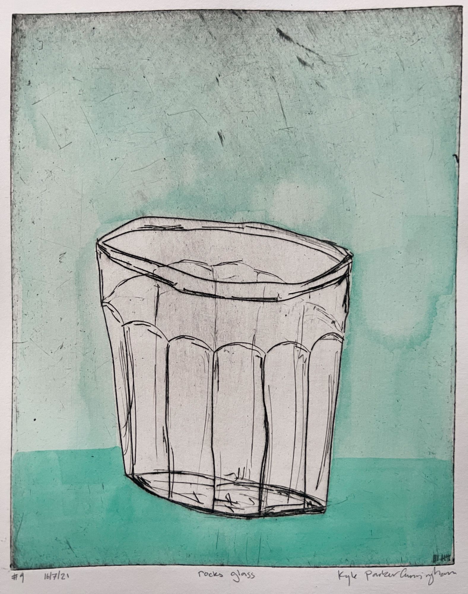 Drypoint intaglio print of a faceted rocks glass centered on a mint-green watercolored background, with loose black linework defining the glass's fluted panels and rim, hand-painted with watercolor and gouache.