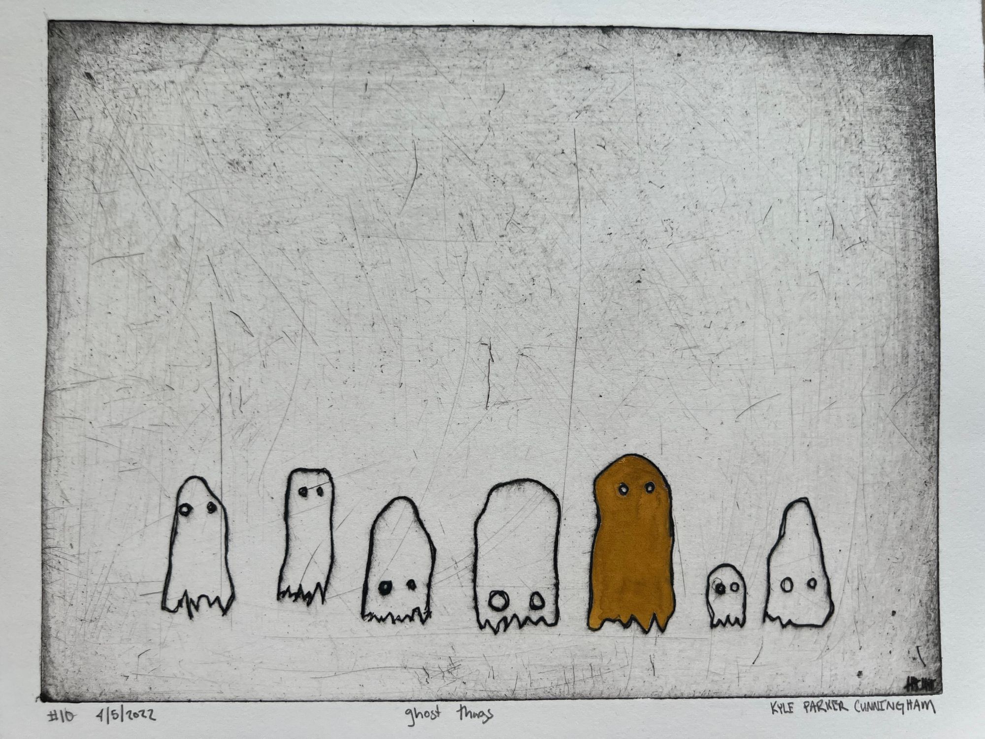 Intaglio drypoint print of seven small ghost figures lined up in a row along the bottom of the composition, each with unique expressions and shapes. One ghost is filled in with golden-ochre color, standing out among the black-outlined others on a scratchy pale background.
