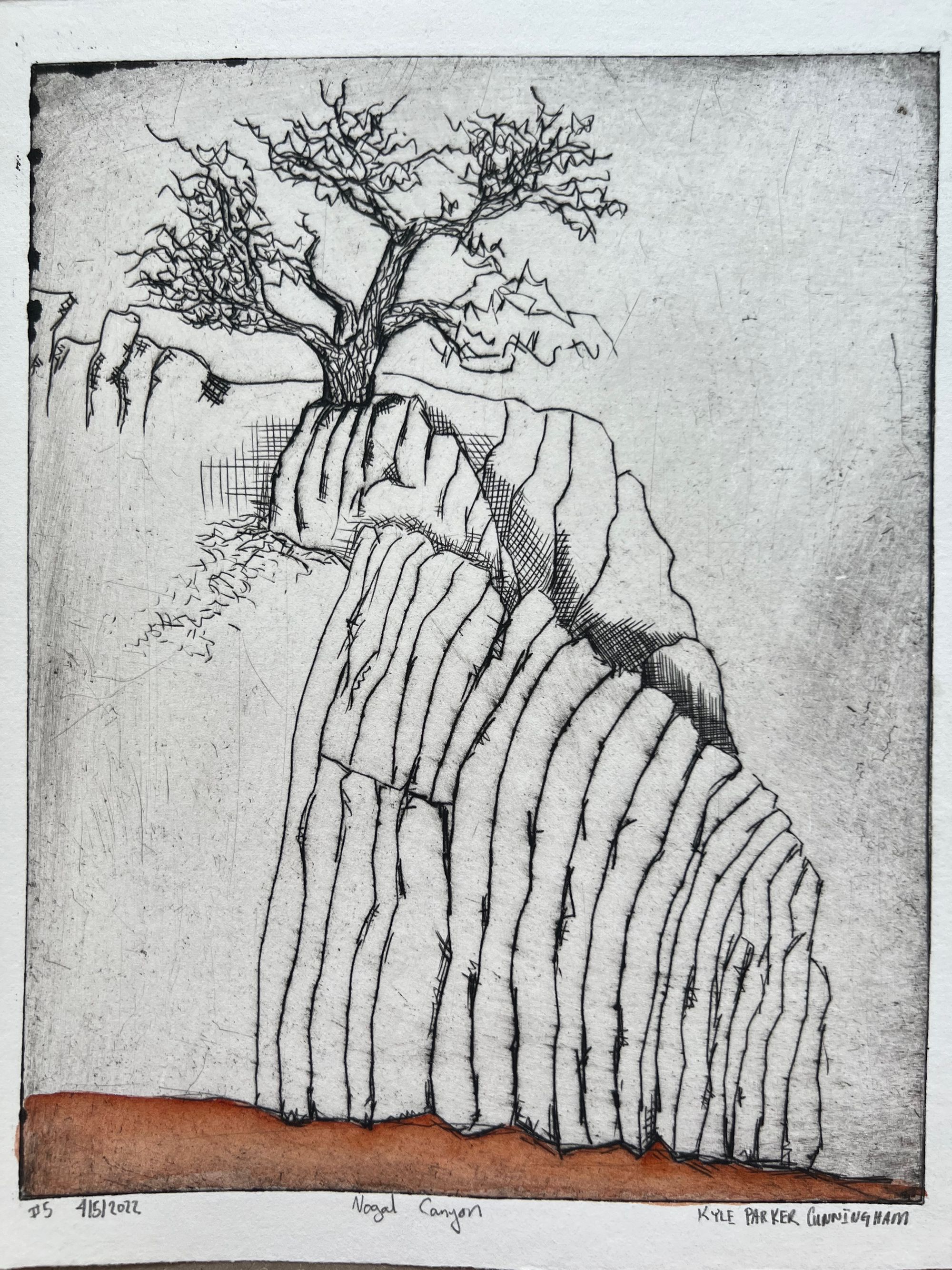 Intaglio drypoint print of a layered rock formation with curved, columnar ridges rising vertically, topped by a gnarled tree with spreading branches. A wash of rust-orange watercolor colors the ground at the base, with crosshatched shadows adding depth to the canyon wall against a pale scratchy background.
