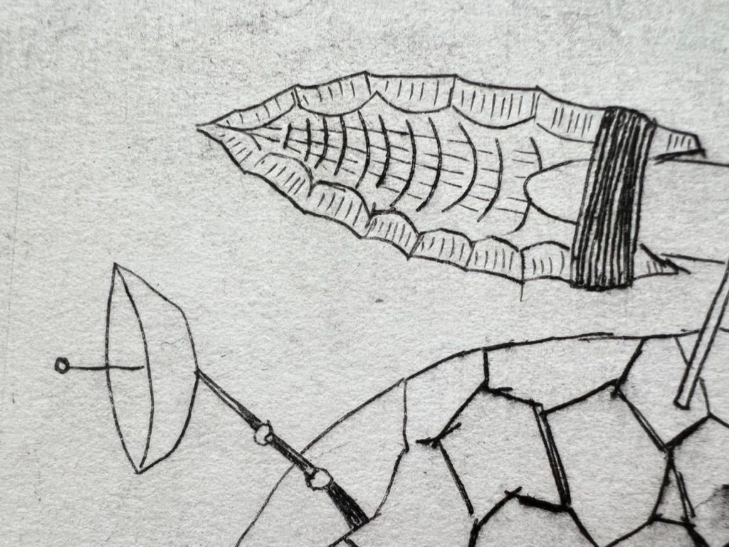 Close-up detail of the Rocket Propelled Clovis Point print, focusing on the flaked Clovis arrowhead with its ridged surface pattern and the satellite dish antenna extending from the turtle's shell, showing the fine drypoint line work on the handtorn paper.