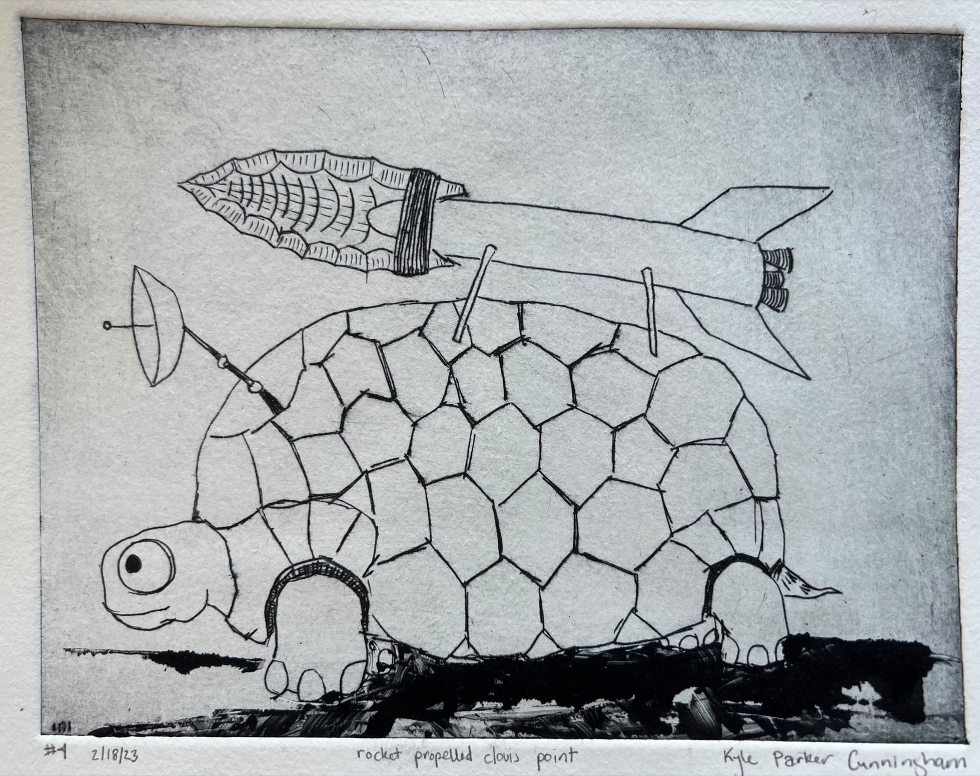 A second print of the Rocket Propelled Clovis Point from a different edition, showing the same turtle composition in pure black ink on white paper without watercolor accents, with a dark ground line and the characteristic drypoint burr creating soft, velvety tones across the shell.