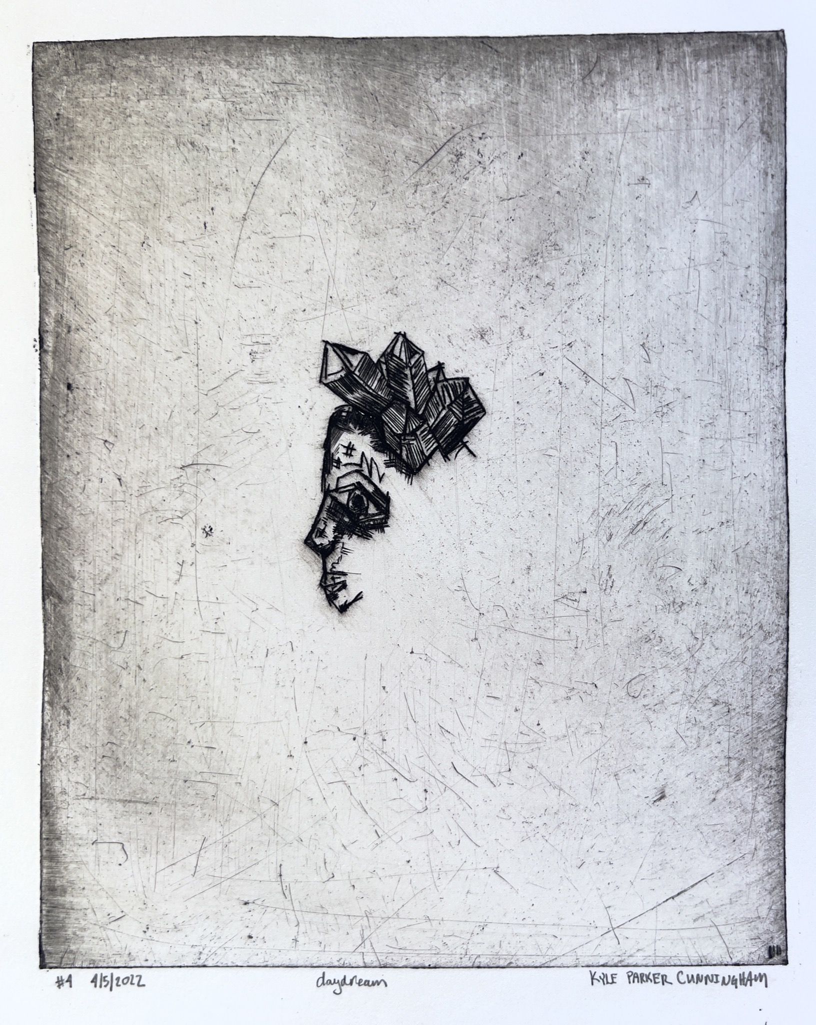 Black and white intaglio print of a small face in profile with angular crystalline forms sprouting from the head, centered in a large field of scratched and textured plate tone on cream paper.