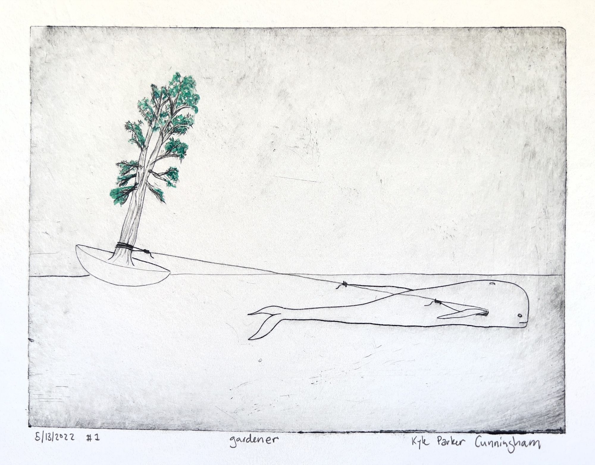 Intaglio print of a whale lying along a horizon line with a green-leafed tree growing from a shovel on its back, drawn in fine black lines with hand-colored green foliage on cream paper.