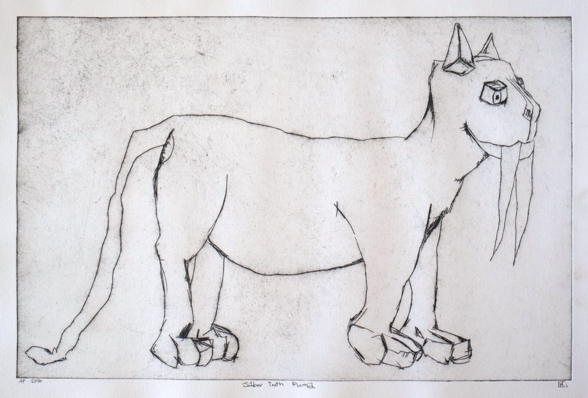 Black and white intaglio print of a large puma standing in profile with elongated saber teeth hanging from its jaw, drawn in loose expressive etched lines with blocky paws and pointed ears against a lightly toned background.
