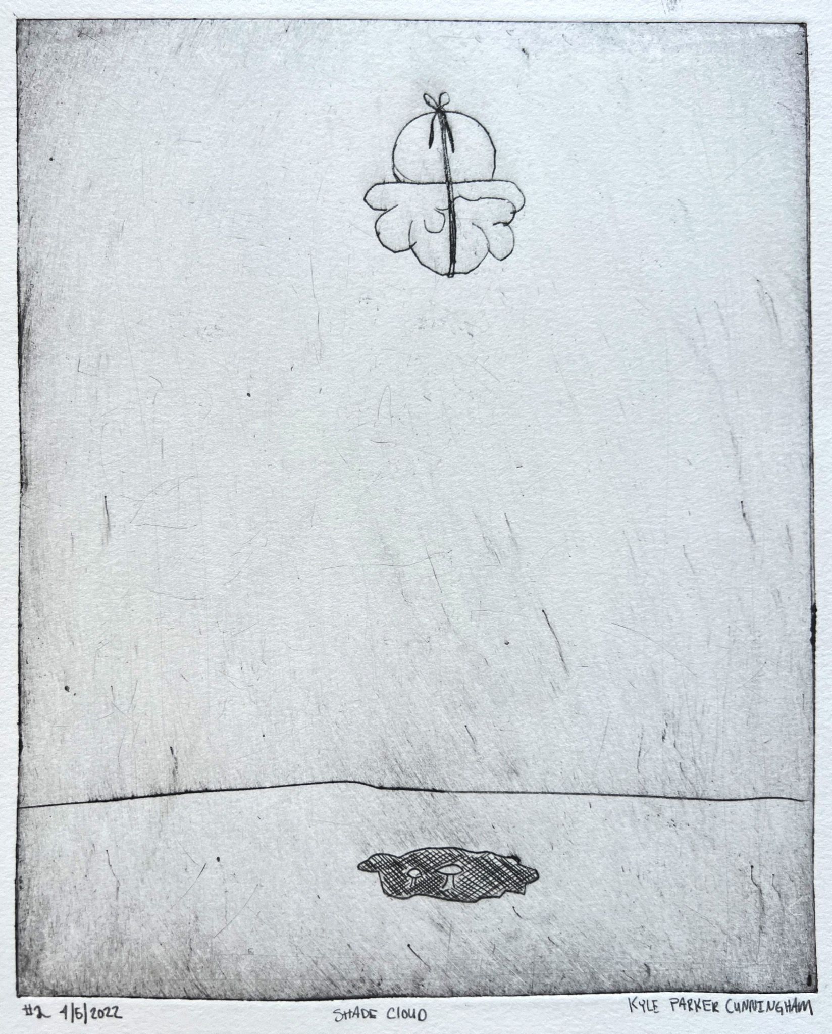 Wider view of the Shade Cloud intaglio print showing the full plate mark and margins, with the floating cloud figure and the small burrowing animal face separated by a stark horizon line.