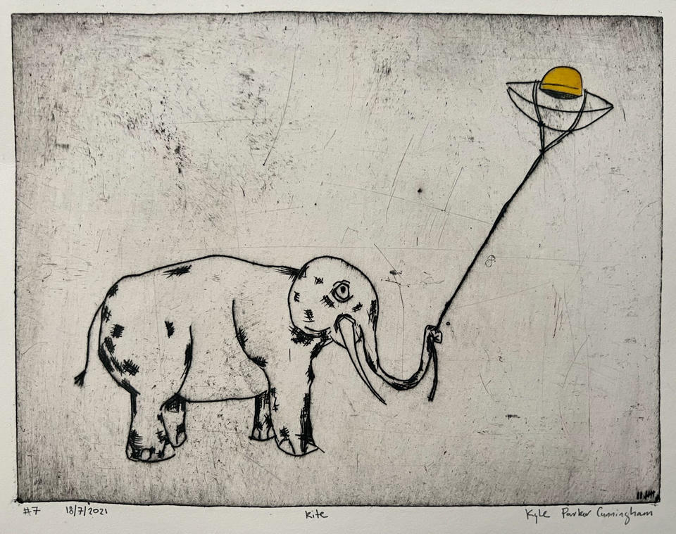 Drypoint intaglio print of an elephant holding a string with its trunk, flying a small saucer-shaped kite with a yellow watercolor sphere, rendered in black ink on cream paper.