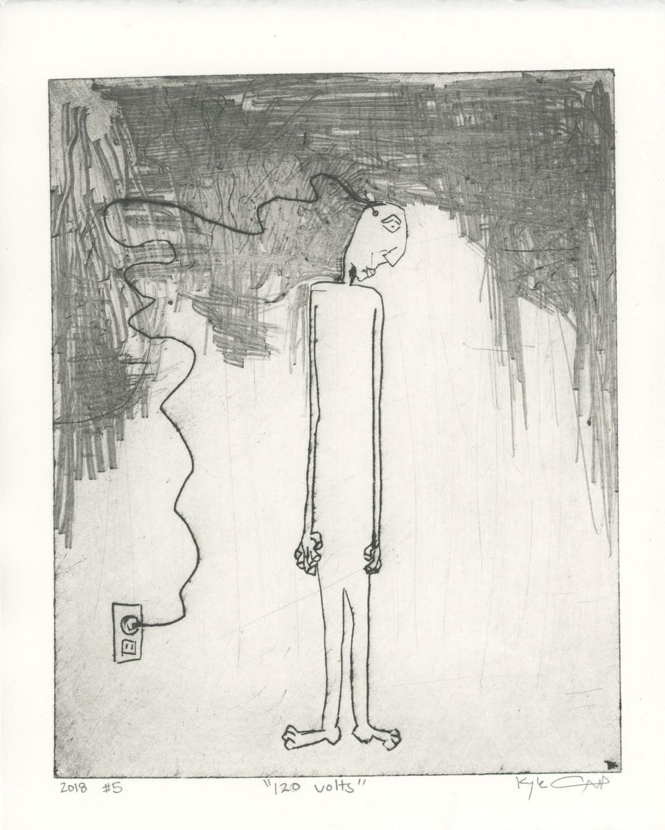 Black and white intaglio print of a tall, thin figure standing in profile with a cord trailing from its head to a wall outlet, surrounded by dense crosshatched shadows in the upper left and dripping vertical lines.