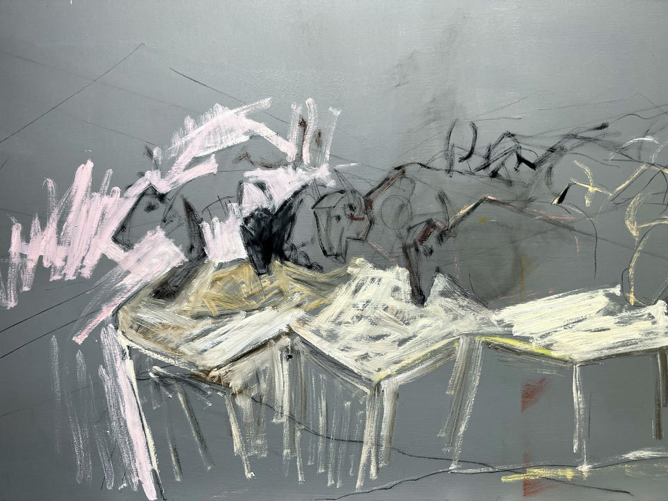 Gestural oil painting sketch on gray ground showing loosely rendered bison-like forms tumbling from a cliff edge, in white, pink, and dark brushstrokes.