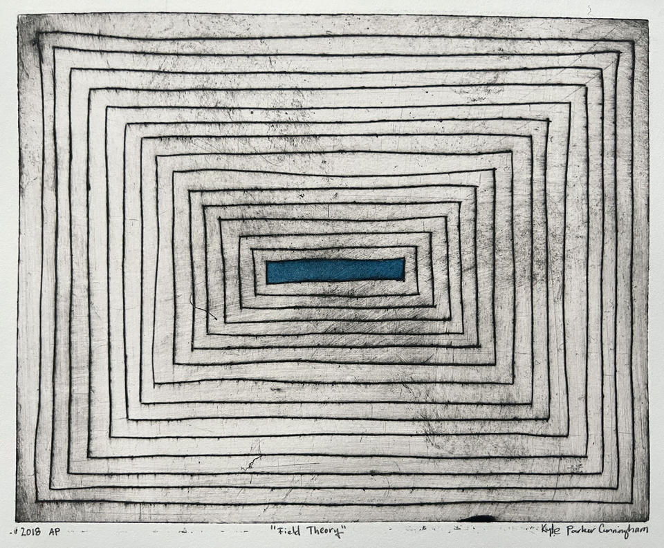 Drypoint intaglio print of concentric rectangles receding toward the center in a tunnel-like perspective, with a small teal-blue rectangle at the innermost point, hand-colored with watercolor and gouache on cream paper.
