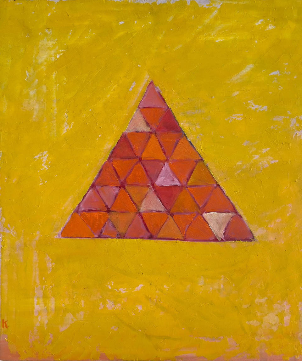 Oil painting of a triangle composed of smaller triangles in varying shades of orange, pink, and red, centered on a textured yellow field.