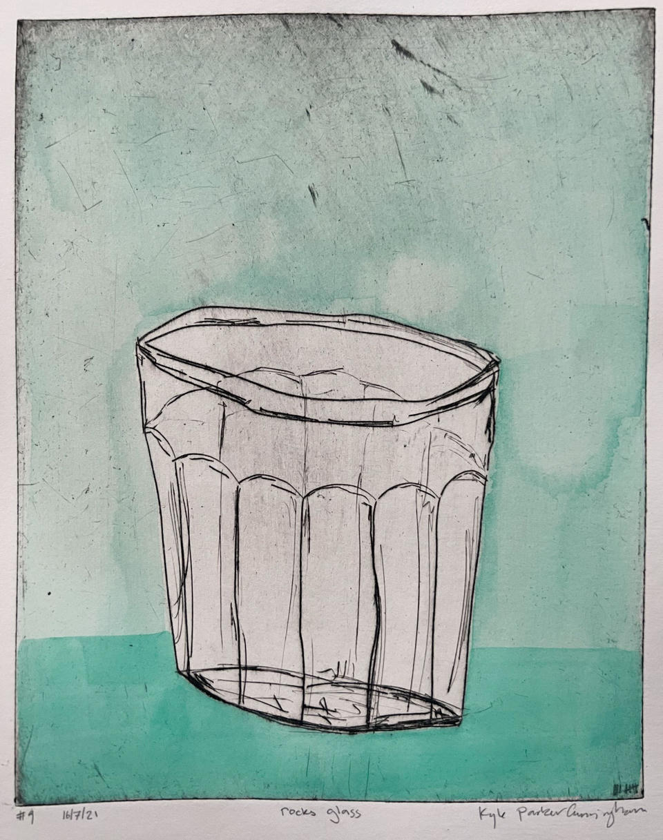Drypoint intaglio print of a faceted rocks glass centered on the page, hand-painted with turquoise and mint-green watercolor washes filling the background and pooling at the base.