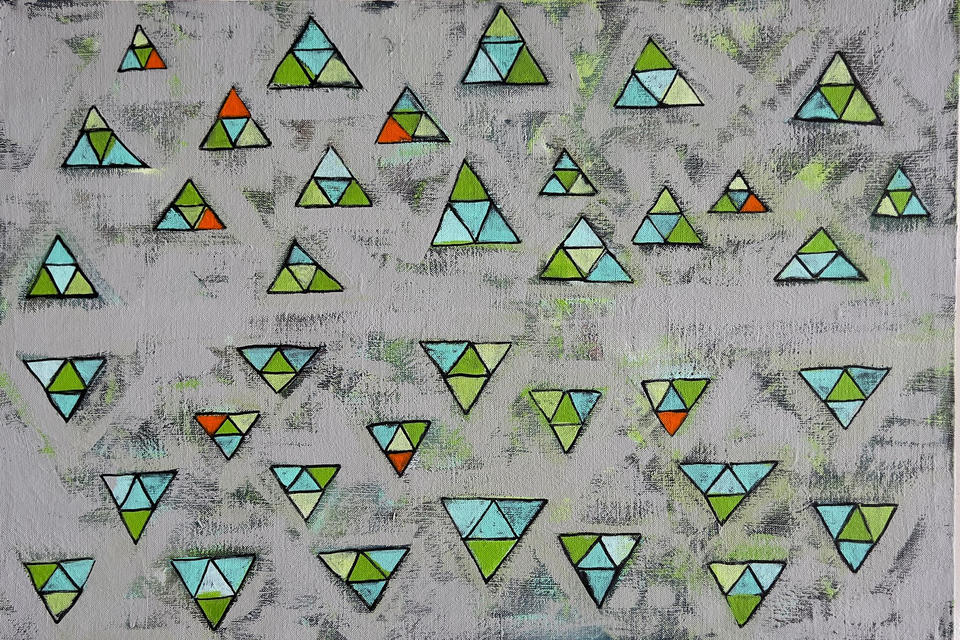 Oil and spray paint on linen featuring dozens of small multicolored triangles — in greens, teals, light blues, and occasional oranges — scattered across a textured gray background, with upward-pointing triangles in the top half and inverted ones below.
