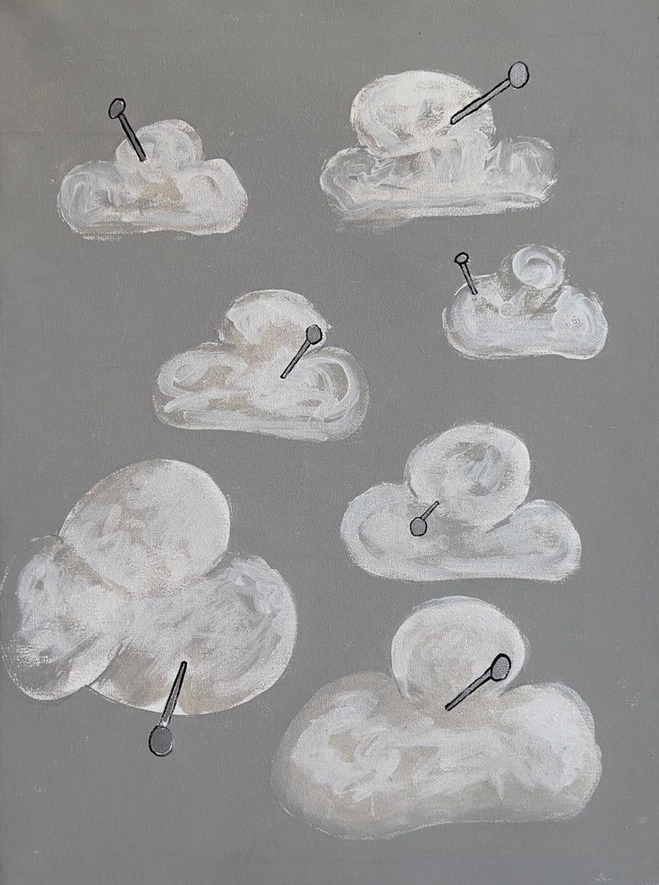 Acrylic and latex painting of seven white clouds on a gray background, each pierced by a small dark pin, arranged in a scattered pattern across the canvas.