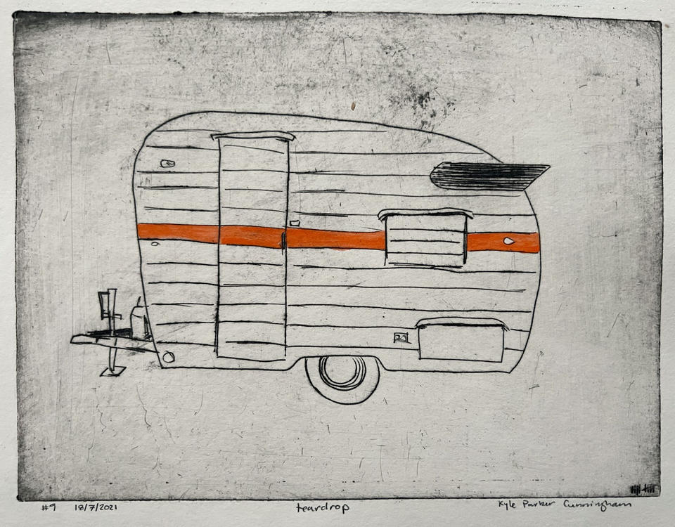 Alternate print of the teardrop camper trailer with the same drypoint composition, showing subtle variations in ink tone and plate marks characteristic of hand-pulled intaglio editions.