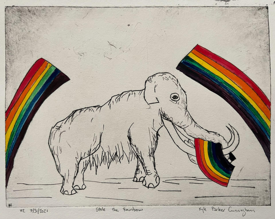 Drypoint intaglio print of a woolly mammoth carrying a broken rainbow in its trunk, with vibrant hand-painted rainbow stripes in red, orange, yellow, green, and blue arcing on either side of the animal.