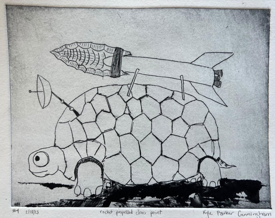 Second impression of the Rocket Propelled Clovis Point drypoint in black ink on handtorn paper, showing the turtle with rocket and arrowhead against a dark ground line without hand-coloring.