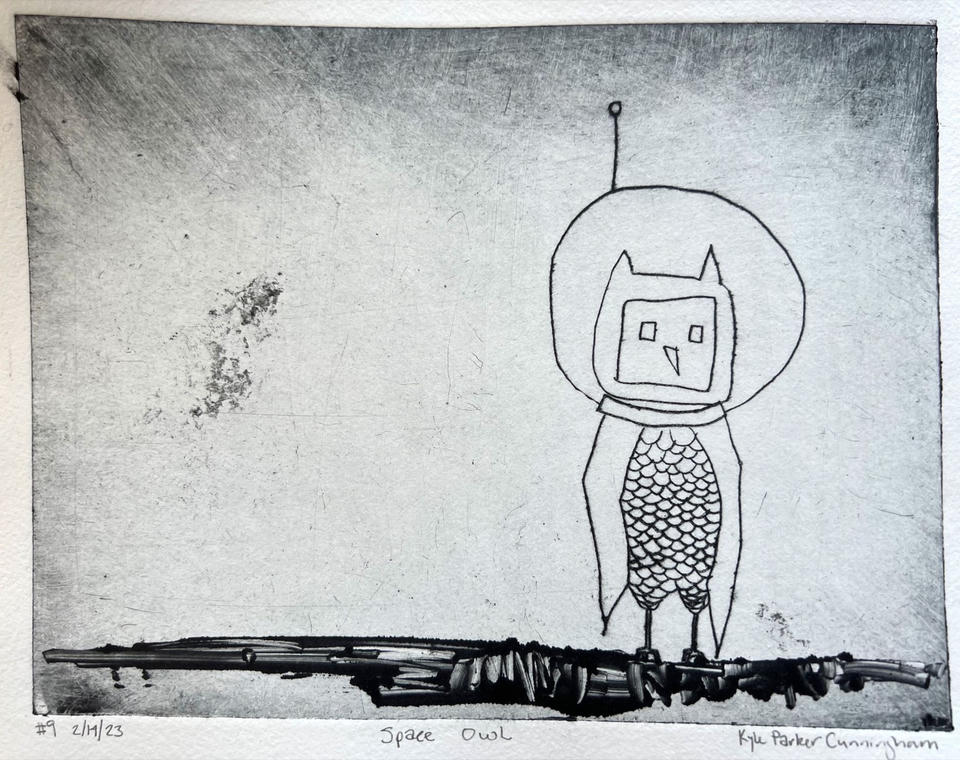 Full view of the Space Owl drypoint print on handtorn paper, showing the pencil-signed title, edition number, and artist signature beneath the plate mark.