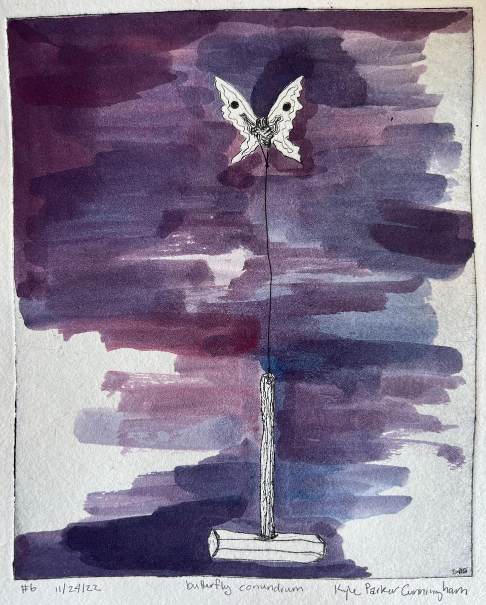 Alternate color version of Butterfly Conundrum with a white butterfly and hammer against bold washes of purple and violet watercolor filling the background, creating a moody nighttime atmosphere.