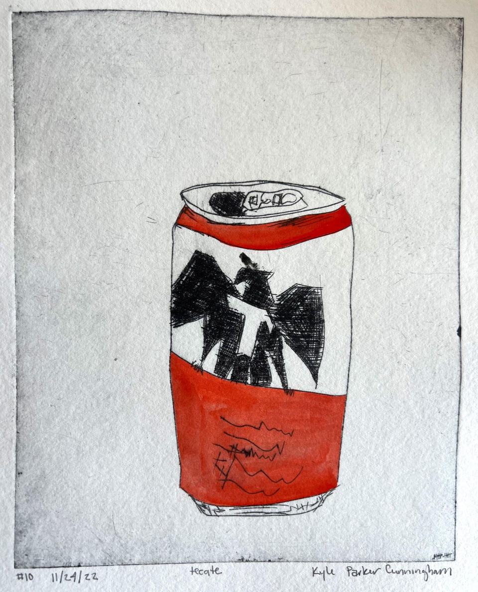 Full view of the Tecate beer can drypoint print showing the complete composition with red-orange watercolor accents, black crosshatched eagle design, and visible plate marks, with edition number and artist signature in pencil below.