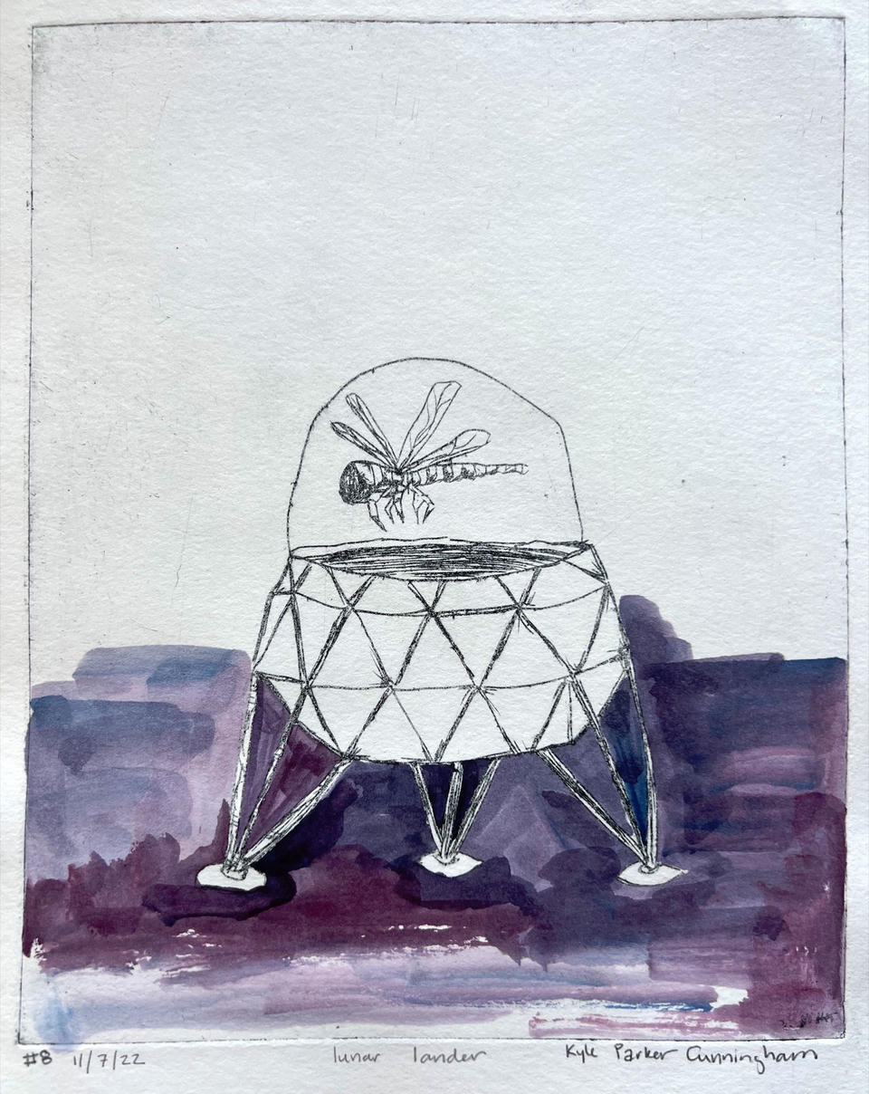 Alternate print of the Lunar Lander with the geodesic spacecraft and dragonfly set against a lavender-purple watercolor landscape suggesting distant mesas, with the lander's legs straddling the painted terrain.