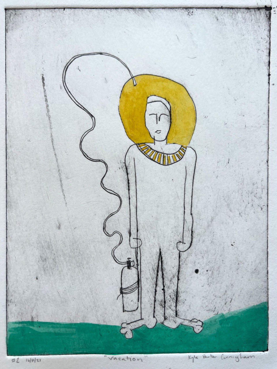 Hand-colored drypoint intaglio print of a standing figure wearing a golden-yellow space helmet and striped collar, connected by a curving hose to an oxygen tank, with a green watercolor ground below.