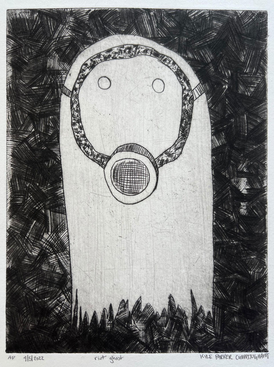 Close-up view of a drypoint intaglio print depicting a tall ghost-like figure with a gas mask, featuring small circle eyes and a crosshatched respirator, set against a densely hatched dark background on handtorn paper.