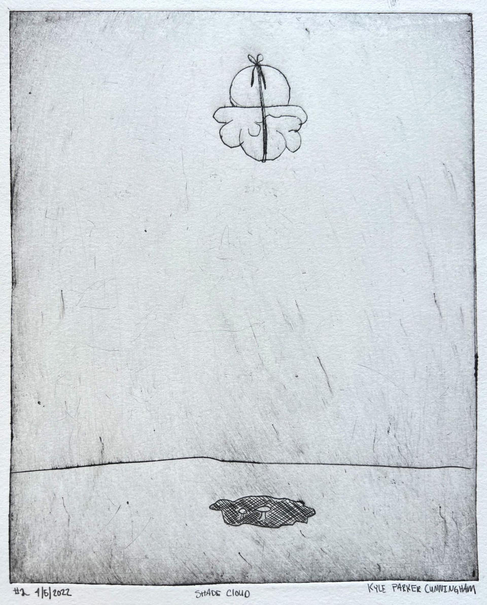 Black and white intaglio print with a small cloud-like form floating in the upper center above a horizon line, and a cross-hatched animal face peeking out from below the ground, surrounded by open gray-white space.