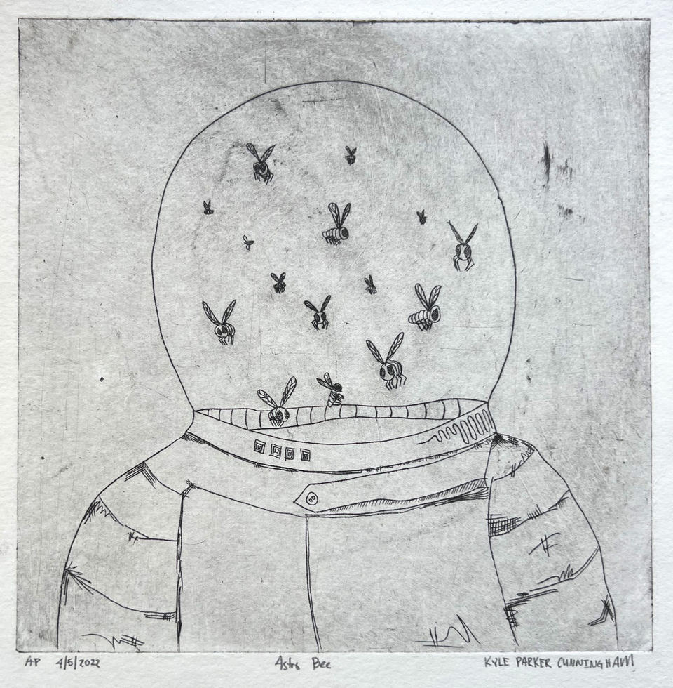 Black and white intaglio print of an astronaut's upper body and helmet seen from the front, with dozens of small bees swarming inside the round glass visor, rendered in fine etched line work on a gray-toned ground.