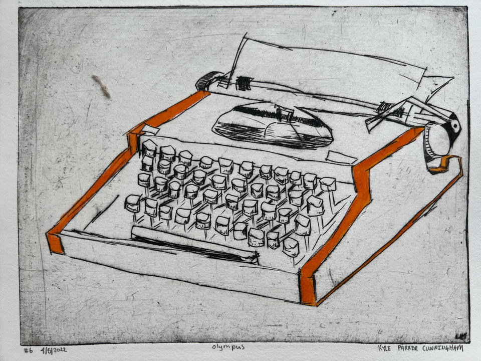 Intaglio drypoint print of a vintage Olympus typewriter viewed from a three-quarter angle, showing rows of round keys and the platen, with the body outlined in hand-colored orange accents against a scratched gray background.
