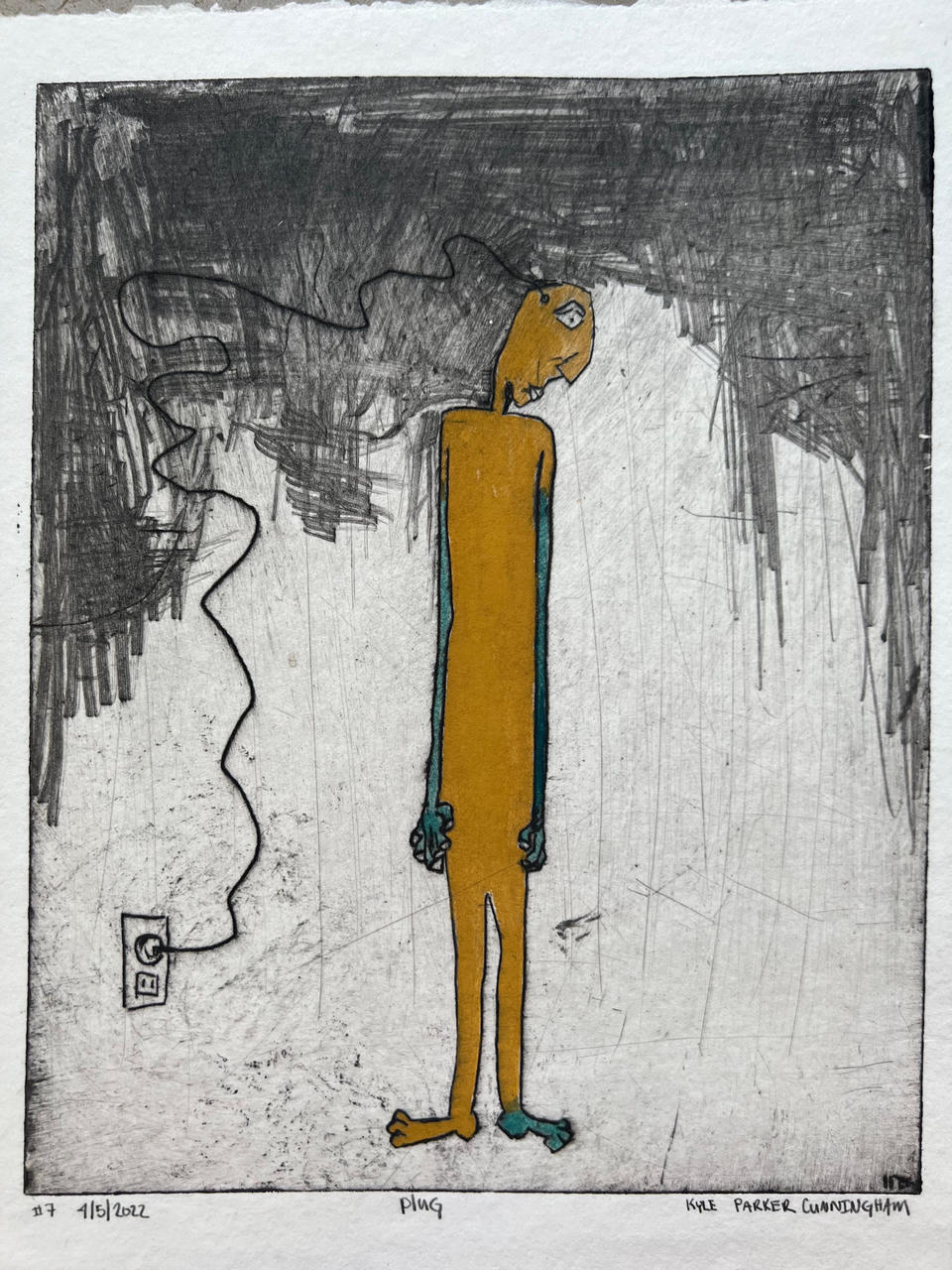 Hand-colored version of the 120 Volts intaglio print, with the figure painted in ochre yellow and teal accents against the same dark crosshatched background and wall outlet composition.