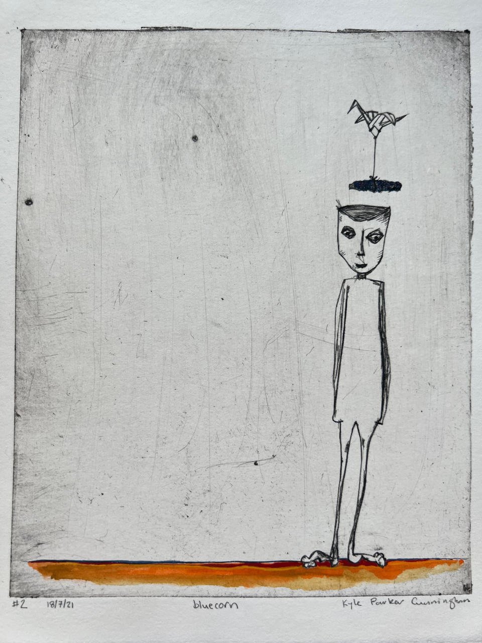 Intaglio drypoint print of a tall, slender figure with a solemn face and an origami crane perched atop its head, standing on a warm orange-and-red hand-colored ground line against a pale scratched background.