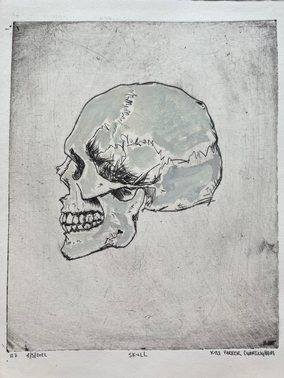 Intaglio drypoint print of a human skull in three-quarter profile view facing left, with detailed cross-hatching around the eye socket and jaw, hand-colored with subtle washes of pale green and blue-gray across the cranium.