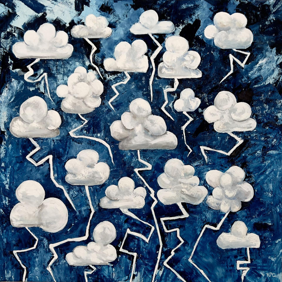 Oil painting of numerous stylized white clouds scattered across a deep blue textured background, connected by jagged white lightning bolts that zigzag between them.