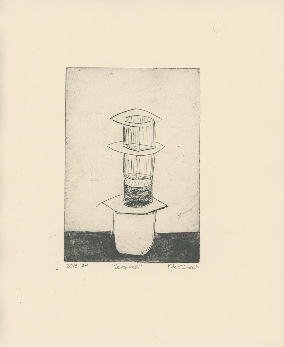 Intaglio print of an AeroPress coffee maker depicted in an exploded view with its cylindrical chambers separated and stacked vertically, rendered in black ink on Rives BFK paper with a dark crosshatched surface below.