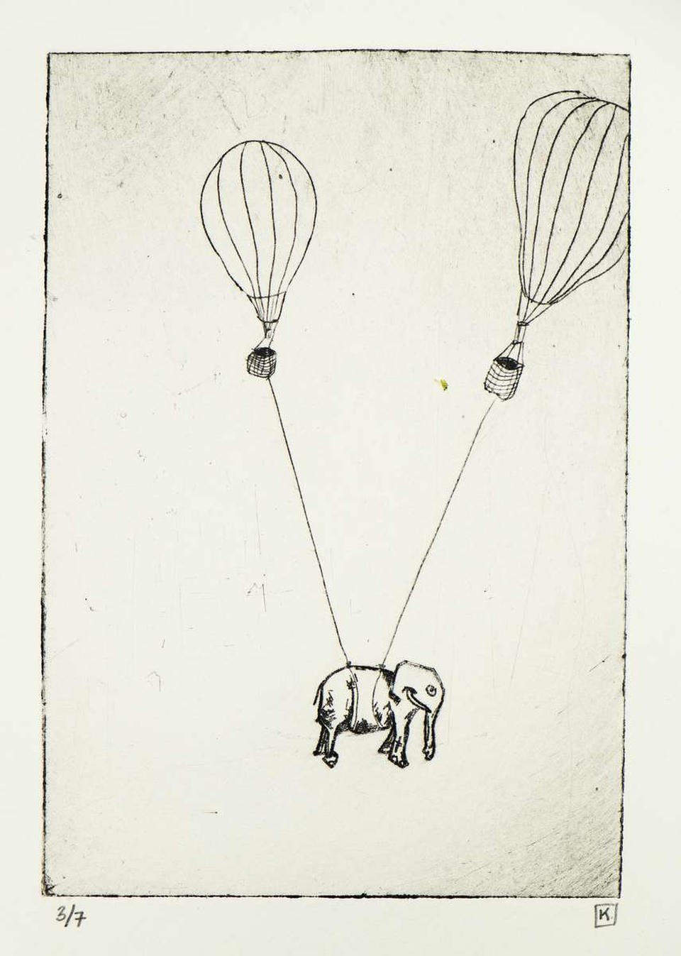 Drypoint intaglio print of a small elephant suspended in midair by two hot air balloons connected with ropes, rendered in black ink on cream paper with visible plate marks.