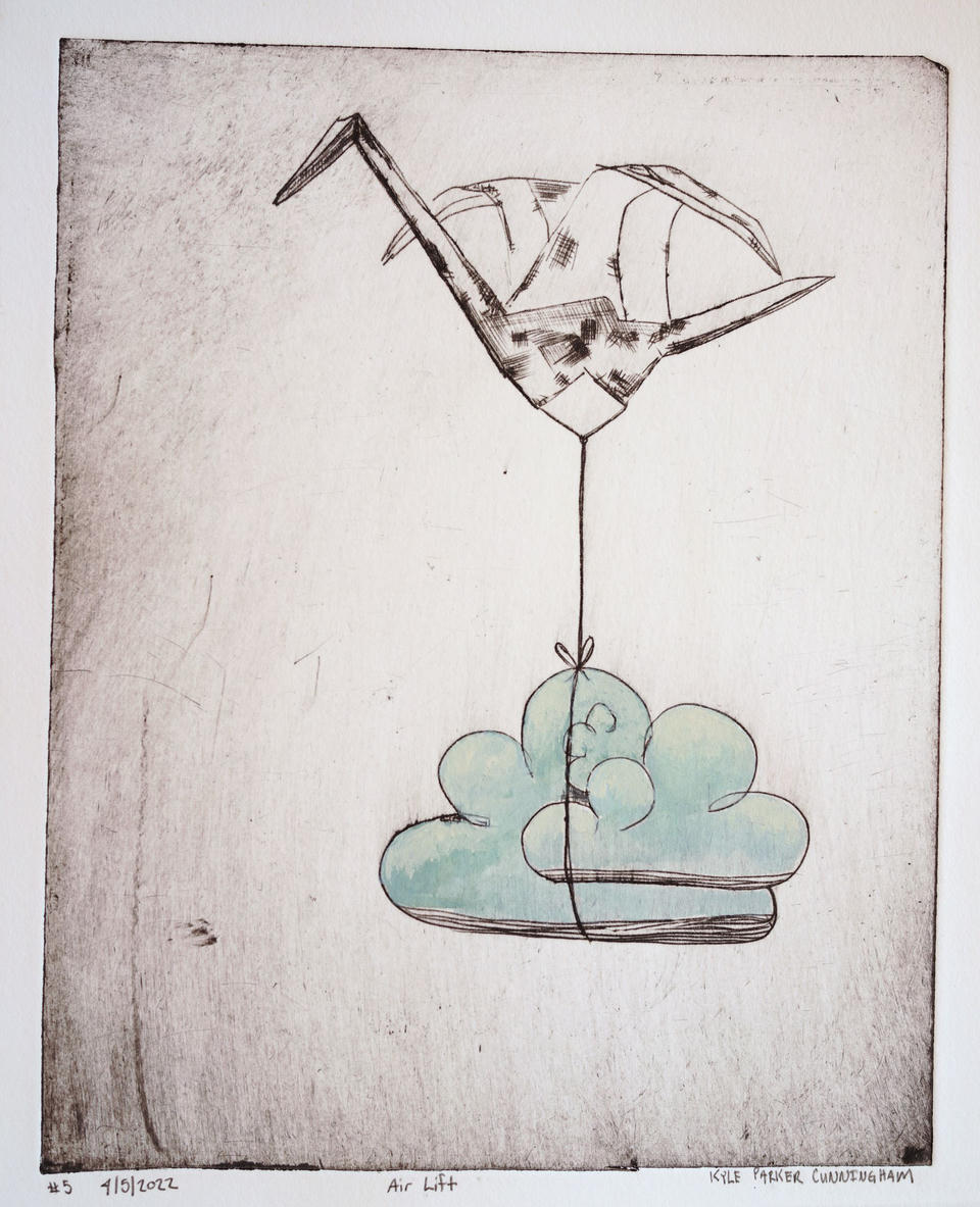 Drypoint intaglio print of an origami paper crane lifting a soft blue-green watercolor cloud by a thin string, floating against a pale background with subtle plate tone.