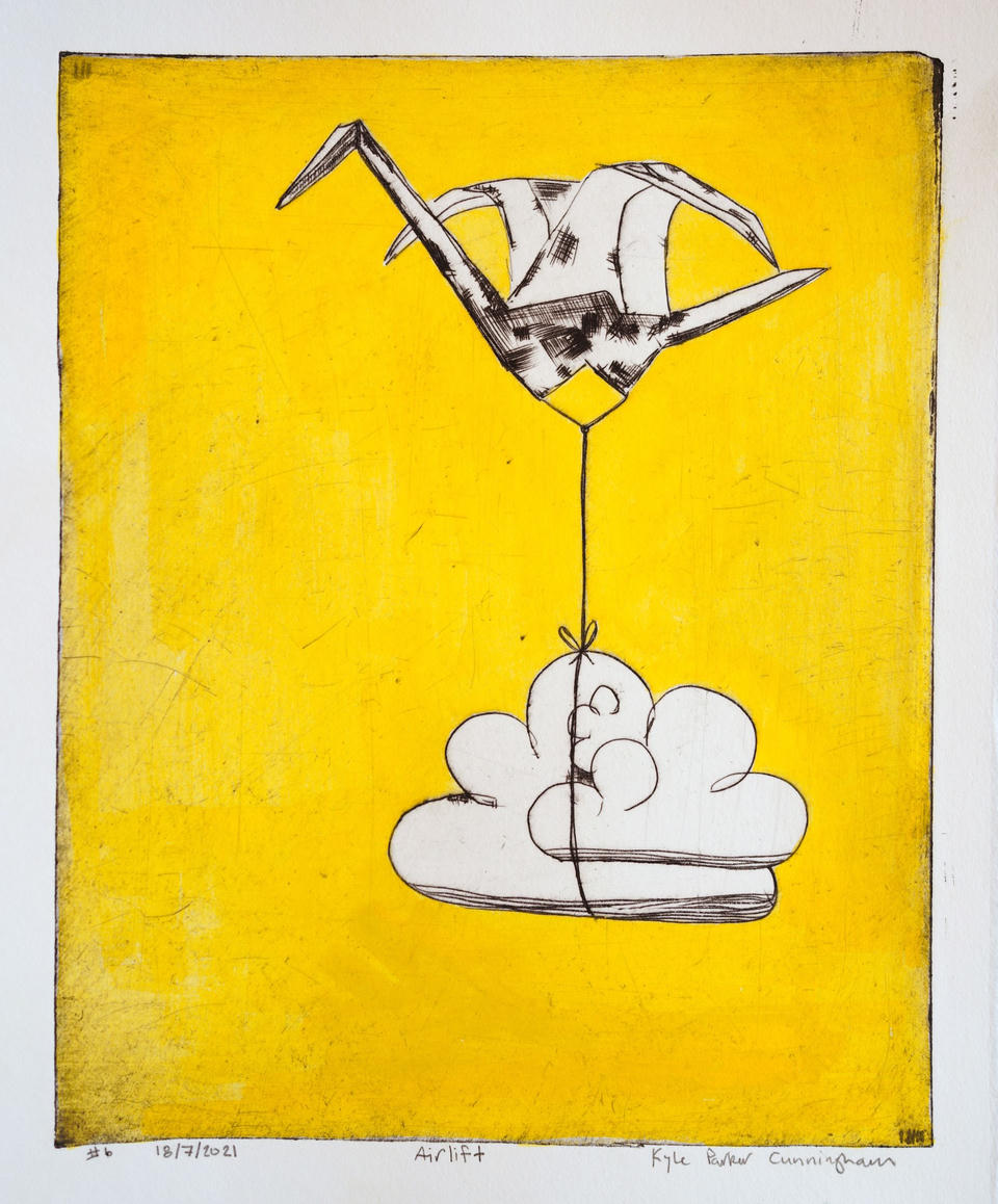 Full view of the yellow Airlift print on white paper, showing the angular paper crane tethered to a billowing cloud against the bright yellow field, with handwritten title and signature below.
