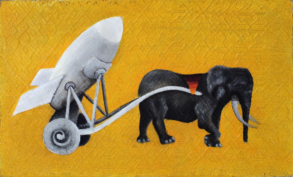 Oil painting on handwoven linen of a dark elephant harnessed to a silver rocket on wheels against a bright golden-yellow textured background, with a glowing red patch on the elephant's back.