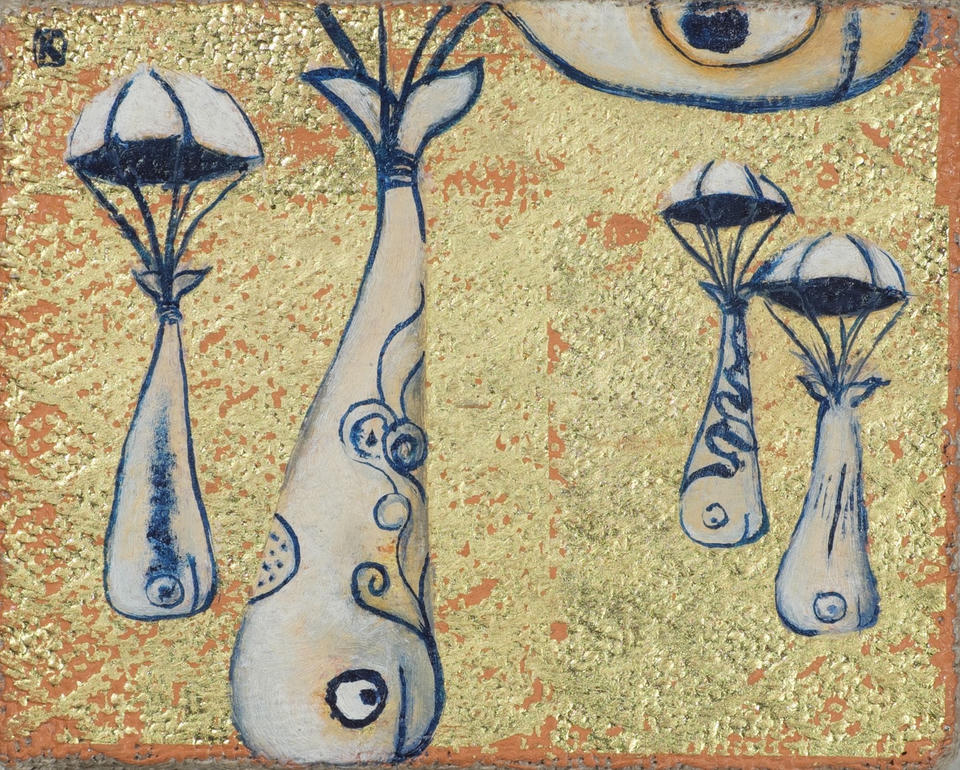Oil painting with gold leaf on linen depicting three stylized whale-like creatures with parachute canopies floating against a textured gold and terracotta background, with a crescent eye motif in the upper right.