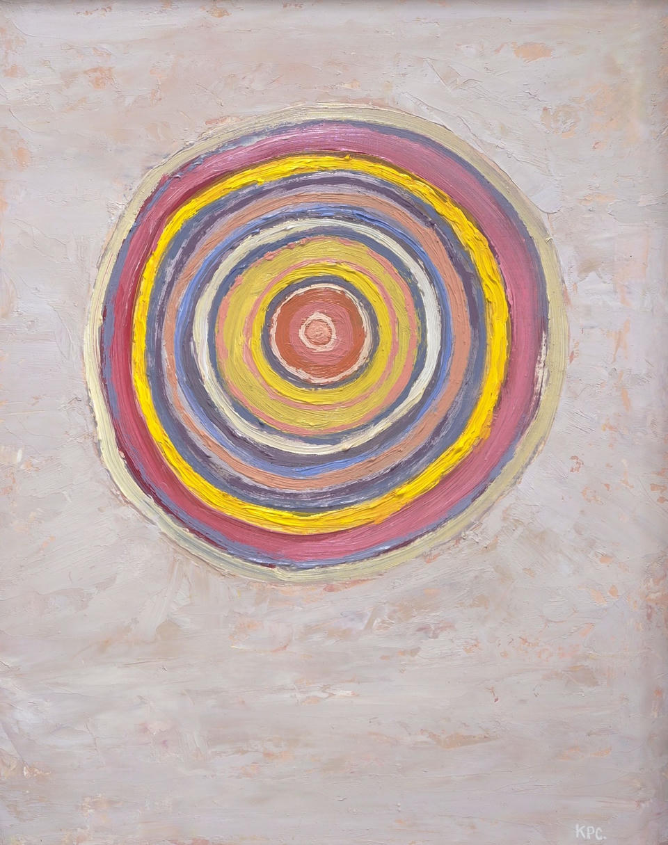 Oil painting of concentric circles in alternating bands of rose pink, yellow, slate blue, and white on a soft pale background, with visible impasto brushwork throughout.