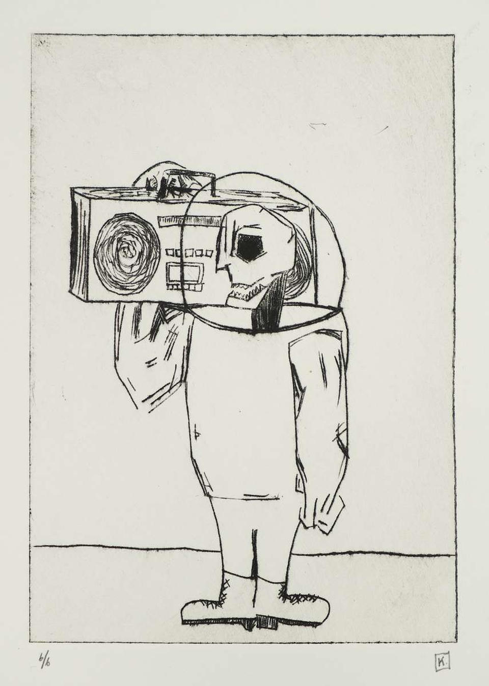Drypoint intaglio print of a skeleton figure wearing a space helmet and holding a boombox on its shoulder, rendered in black ink on cream paper with crosshatched line work.